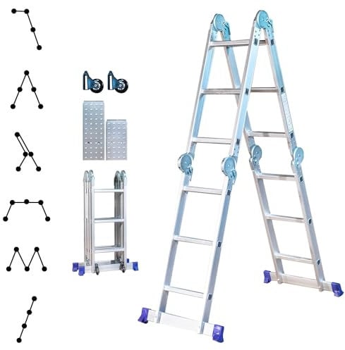 Escalera Plegable articulada STAVALANCE 4x3 escalones, andamio multifunción, Separador de Muro, Taburete, 2 Placas para Plataforma de Trabajo, Hostrom