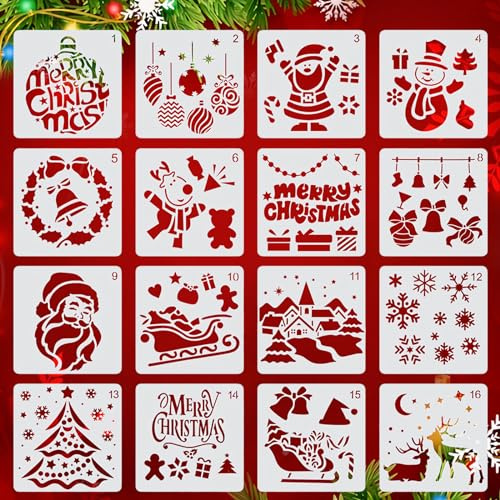 16 Stück Schablonen für Weihnachten, Kinder & Vintage - Malschablonen, Schneespray Fenster Schablone, Kunststoff (15 X 15cm)