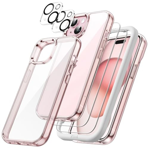 JETech 5 en 1 Coque pour iPhone 15 6,1 Pouces avec 2 Protection D'écran en Verre Trempé et 2 Protecteur de Caméra, Étui Housse Antichoc Non-Jaunissement (Rose)