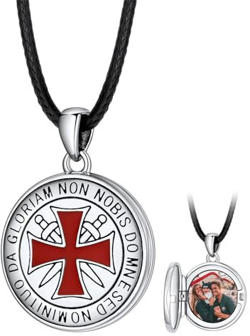 FaithHeart Engraving Custom Knights Templar Lockets, Men's Photo Locket Necklaces, 2mm Braided Leather Cord Necklace 16-30 inches