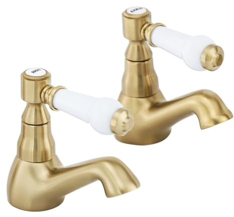 HEXMIXER - Juego de grifos de lavabo de oro cepillado, estilo victoriano, 1/4 de vuelta, de latón tradicional G1/2, tamaño estándar de instalación del Reino Unido 154GO
