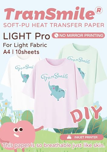 TRANSMILE PU-Heat Transfer Paper for T Shirts Printable Heat Transfer Vinyl for Light Fabrics Iron on Transfers for Inkjet Printer A4 10 Sheets, Light and Breathable(TS-H-L2.0-10)