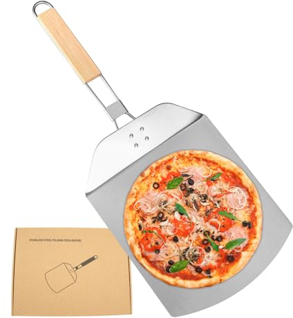 Mecmbj pala pizza scorrevole, pala barella per pizza, Pala pizza in acciaio inox con manico pieghevole, 30.5 × 24 cm, pala pizza corta quadrata con ampia superficie di contatto per griglia o forno