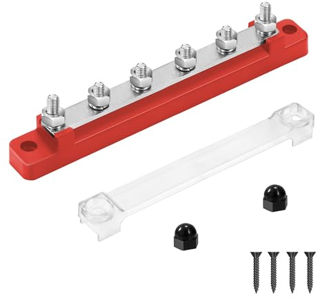 QIMEI-SHOP Blocco di Distribuzione dell'alimentazione 12V-48V DC Busbar 150A Morsettiera di Alimentazione con 6 x M6 Terminale a Bolts per Auto Camion Barca Rosso