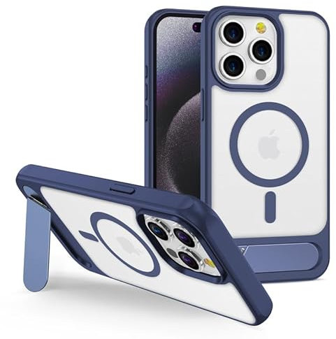 ZCSK Kickstand Case iPhone 15 Pro Max Mag-Safe Case 6.7-Inch Clear Blue Translucent with Built-In Metal Stand Bumper Strong Protective Cover to Protect Compatible for MAG-SAFE iPhone 15 ProMax Blue