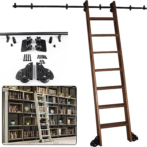 Schiebeleiter-Schiene, Schiebe-Scheunentor-Beschläge, Gleitschienen-Set, Holz-Schiebetür-Beschläge, Schrank-Set, Bibliothek, Rollleiter-Schienensystem, Keine Leiter – runde Schiene/Schiene