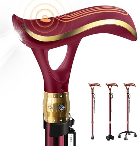 ispuoocti Multifunktions-Gehstock Herren und Ddamen mit Alarm- und LED Licht- Beleuchtungsfunktion, Aausgestattet mit 3 Verschiedenen Sockeltypen, Hochwertige Gehstöcke für Senioren (Red)