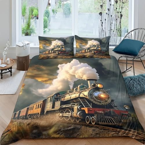 VesFy Retro-Zug Bettbezug Set Bettwäschegarnitur 3D Gedruckter Fahrzeug Mädchen Junge Kinder Bettwäsche Und Kissenbezüge Reissverschluss Weich Microfaser 3 Teilig Double（200x200cm）