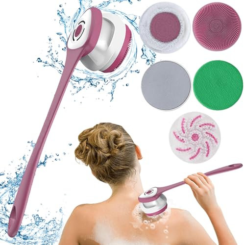 Elektrische Körperbürste Badebürste Rückenbürste Mit 5 AufsäTzen: Rückenbürste mit Langem Stiel IP67 Wasserdicht 3 Geschwindigkeit Spin Reinigung Bürste für Spa Dusche Peeling Massagebürste (Lila)
