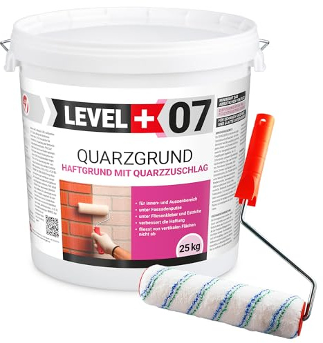 LEVEL PLUS 07 Quarzgrund mit Quarzsand unter Putze - Haftgrundierung für Innen & Außen - Weißer Putzgrund, Schnell Trocknend, Wasserabweisend & Lösemittelfrei - 25 kg mit Farbroller 25cm