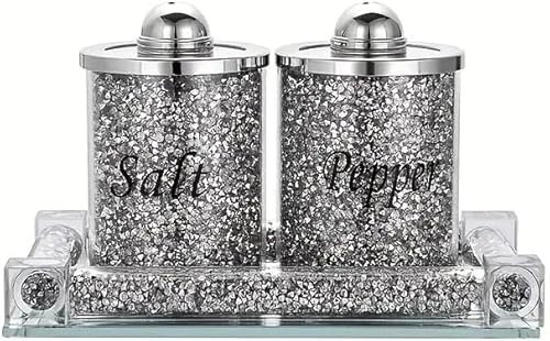 Juego de sal y pimentero de cristal triturado plateado con bandeja, 18 cm