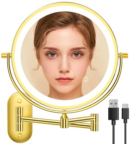 Auxmir Kosmetikspiegel mit Beleuchtung, 1X/20X Wiederaufladbar Schminkspiegel Rasierspiegel Wandmontage, Doppelseitig Vergrößerungsspiegel mit 3 Lichtfarben, Touchscreen, 360° Drehbar für Badezimmer