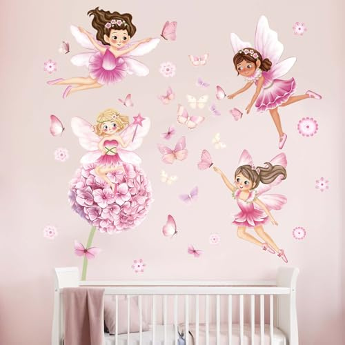 Amimagen Fairy Girl Flower Wall Stickers - Pink Dandelion Floral Butterfly Wall Decals - Mädchen Schlafzimmer Kinderzimmer Kindertagesstätte Spielzimmer Klassenzimmer Wall Decor