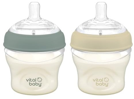 Vital Baby Nurture Breast-Like 0m+ Baby Feeding Bottles, 150ml 2pk, Self-Sterilising in 3 Mins, Triple Anti-Colic Valves, Slow Flow Teats, EarthSmart Biodegradable, BPA-Free