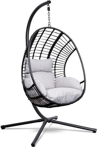 Swoods XXL Hängesessel mit Gestell - Hängesessel Für Indoor und Outdoor - Inkl. Kissen und Schutzhülle- Egg Chair - bis 150kg (Hellgrau)