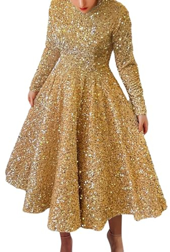 Foweknow Gold Glitter Dress Women's Sequin Mermaid Maxi Cocktail Dress, M