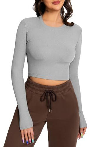 EBANKU Womens Long Sleeve Crop Tops Crewneck Ribbed T-Shirt Slim Fit Casual Basic Tops Gray