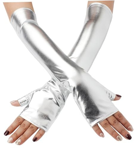 Lange fingerlose Handschuhe, lange fingerlose Handschuhe für Frauen 1 Paar metallisch silberne, lange fingerlose Handschuhe 18 Zoll Polyester Arm Wärmer trendige exquisite Armhandschuhe für Tanzparty
