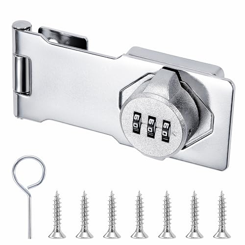 Überfalle Haspe Sicherheitsüberfalle Schloss Zahlenschloss 3-Stelliges, 4.5 Zoll Schrankschloss Passwort Türriegel für Tor Scheunentür Garage Garten, Silber