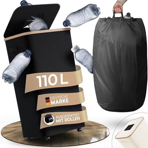 Weidenbach 110L Pfandflaschen Sammelbehälter mit Rollen und Deckel mit Abnehmbarer Tragetasche - extra groß - Flaschensammler Behälter - Pfandflaschen Aufbewahrung - Leergut (Schwarz)