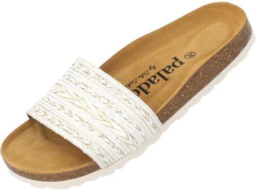 Palado Pantoletten Damen Solista by Sila Sahin - modische Sandalen Made in Spain - bequeme Hausschuhe mit Kork-Fußbett - elegante Sommerschuhe Weiß/Gold UK6 - EU39