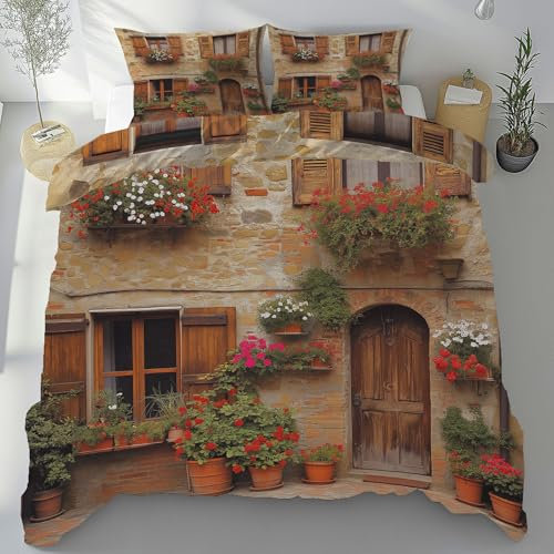 Tyafsgvqo Italien Toskana Bügelfrei Bettwäsche 3 Teilig, Retro Europa Town Bettbezug 135x200 cm, Stadt Landschaft Bettwäsche Set Weich Atmungsaktiv, Wendebettwäsche mit 2 Kissenbezug 80x80 cm