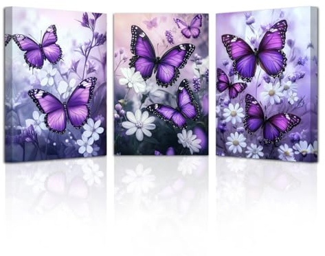 LZIMU Leinwandbilder Schmetterlinge 3-teilig Schmetterlinge mit Blumen gerahmte Schmetterlings Wanddekoration für ein fantasievolles Mädchenzimmer (Lila, 28x35cmx3 Teilig)