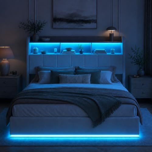 WOBOPCG Polsterbett 160x200 mit LED und USB, Doppelbett 160x200 mit Stauraum Bett mit Bettkasten Polsterbett Bettgestell mit Kopfteil Hydraulisches Bett mit Lattenrost (Weiß, Flanell, 160x200 cm)