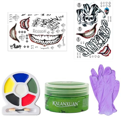 6er Joker Kostüm,mit Halloween Clown Temporäre Tattoo,Grün Haarwachsfarbe,Clown Makeup Gesichtsfarbe,Fashion Handschuhe,für Halloween Karneval Fasching Cosplay Thema Party