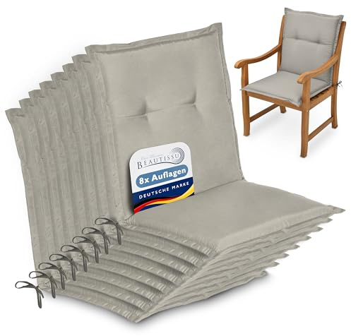 Beautissu 8er Set Niedriglehner Auflage Gartenstuhl Sitzkissen Rückenkissen | 100x50x6cm Hellgrau Niederlehner niedrig Stuhlkissen Füllung Kissen Schaumkern Gartenstuhlkissen Sitzauflage Garten Loft NL