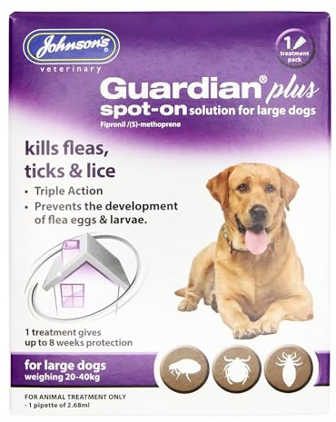Johnsons Guardian Plus Spot On for Large Dogs 20kg - 40kg - 1 Treatment, Kills Fleas, Ticks & Lice, Stops Flea Eggs Hatching
