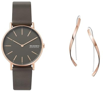 Skagen Femme Signatur Gris Cuir Montre and Kariana Rose Doré Acier Inoxydable Boucles d'oreilles, Coffret