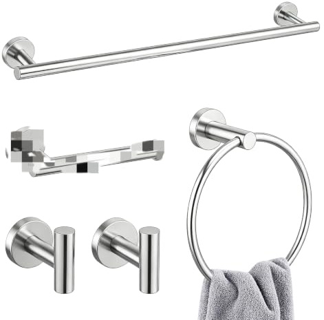 Lightista Toilet Roll Holder and Towel Rail Set, Set of 5 Brushed Nickel Bathroom Accessories Set, Wall Mounted Bathroom Hardware Set Includes Toilet Paper Holder, Towel Ring, Towel Bar and Wall Hook