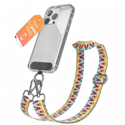 EAZY CASE - Handykette Universal zum Umhängen kompatibel mit jedem Handy Kette mit Hülle kombinierbar Handykordel Karabiner für Handyhülle Handyband zum Umhängen Zickzack - Regenbogen Metall Silber