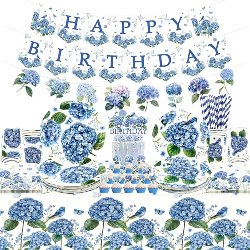Hydrangea Party Supplies ,Including Happy Birthday Banner, Plates, Cups, Napkins, Tablecloth, Straws, for Wedding Birthday Tea Party Decorations Serves 20 Guests