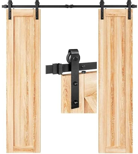 Porte de grange Coulissante, Kit de rails for porte de grange coulissante robuste, poulie en J for porte double, installation facile et silencieuse, capacité de 250 lb, allée de garage