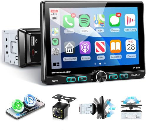 VECHTEL Autoradio 1 DIN con Schermo IPS Orientabile da 7 Pollici 1024x600 | Wireless CarPlay & Android Auto, Bluetooth 5.2, FM/AM/RDS Radio, Mirror Link, USB, Rückfahrkamera, Lenkradsteuerung