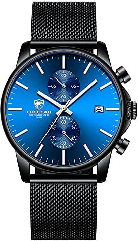 GOLDEN HOUR Orologi da polso da uomo, alla moda, sportivi, analogici, al quarzo, in acciaio inox, impermeabile, cronografo, data automatica (Black/Blue Dial)