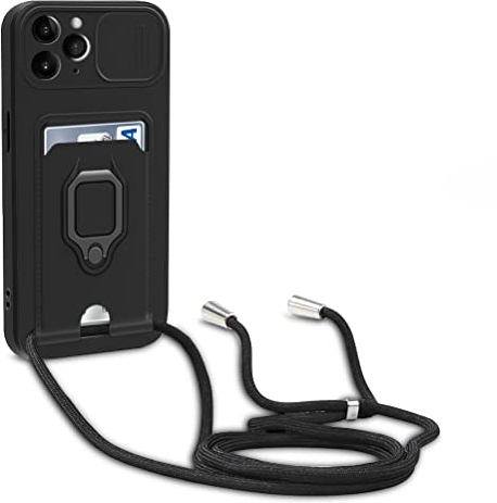 yanasuo Schiebe Kameraschutz Silikon Handykette Hülle kompatibel mit iPhone 11 Pro Max, Metall Ring Halter Handy Cover,Verstellbarer Halskette Handyhülle-Schwarz