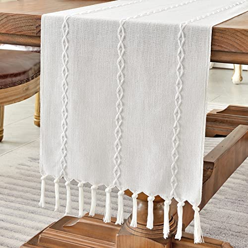 Wracra Baumwoll Leinen Tischläufer Bauernhaus Stil Weiß Tischläufer 180cm mit Handquasten für Partys, Esszimmer-Dekorationen, Dessert-Tischdekoration(Weiß, 180cm)