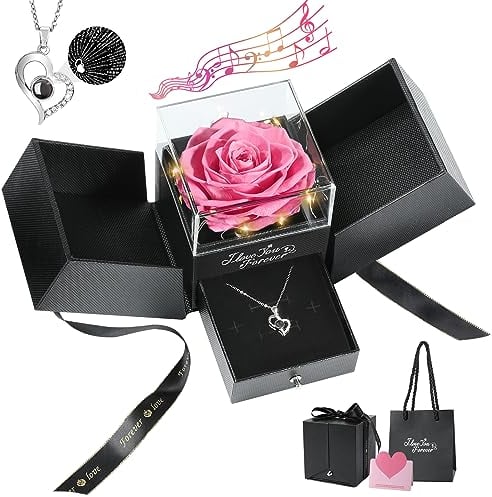 Emibele Konserviert Echte Rosa Rose mit S925 Sterling Silber Halskette, Rose mit Ich Liebe Dich Halskette in 100 Sprachen, Spieluhr mit Lichtern Romantische Geschenke für Mama Oma Frau Freundin