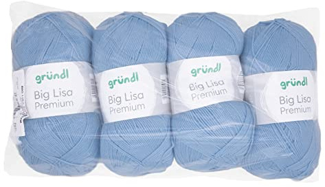 Gründl Big Lisa Premium Häkelgarn 4 Knäuel á 250 g, Hellblau | Häkelgarn mit wollartigem Charakter, pflegeleichtes Garn aus 100 % Polyacryl, 250 g / 665 m, Nadelstärke: 3,5 - 4,5