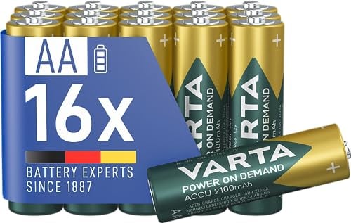 VARTA Piles AA, rechargeables, lot de 16, Recharge Accu Power on Demand, batterie rechargeable, 2100 mAh Ni-MH, sans effet mémoire, préchargées, prêtes à l'emploi