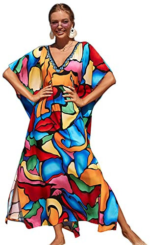 XIVISTO Femmes Boho Kaftan Grande Taille Robe de Plage Maxi Longue Bikini Cover up Été Maillots de Bain Florale Pareos