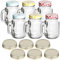 gouveo 6er Set Trinkgläser 450 ml mit Deckel Mix blau, gelb, rot, silber - Trinkglas mit Henkel und Mehrweg-Trinkhalm - Henkelgläser für Garten, Party Cocktail (TGH450SBGR)