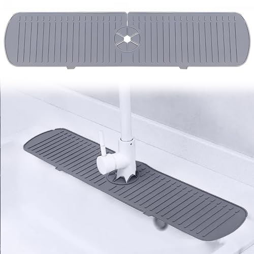 Kitchen Sink Splash Guard, 61x14.5cm Silicone Draining Mat Around Tap, Tidy Splash Faucet Guard & Draining Mat for Kitchen Bathroom Sink Countertop Protect(Grey)