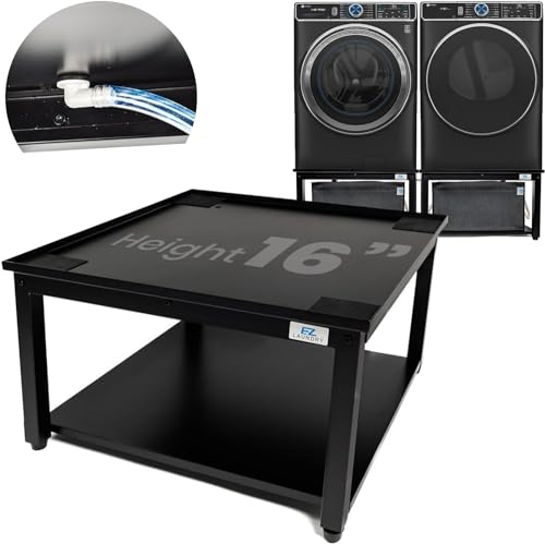 Washer and Dryer Pedestals – 27 Black Steel Platform with 16 Height – Supports 800 lbs, Leak Protection, Drain Pan & Hose, Fast & Easy Setup - Laundry Pedestal for Washer and Dryer