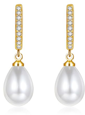 Zolkamery Creolen Ohrringe Silber Hängend, 925 Sterling Silber Creolen Ohrringe für Damen Mädchen, Hypoallergen Gold Perlen Creolen Ohrhänger mit Zirkonia, Schlafen Creolen Ohrringe zum Geburtstag