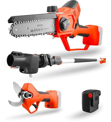 STOCKER - Kit Potatura Professionale Magma 21V Con Forbice Elettrica Motosega E Manico Telescopico - Alluminio Acciaio - 4 Pezzi - Arancione