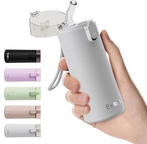 Exllena Petite Gourde Isotherme 150ml avec Paille à Ouverture Une Main, Mini Bouteille Isotherme Anti-Fuites & Design Ultra-Compact, Idéale pour le Sport, Bureau ou En Voiture(Gris Clair)